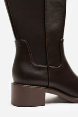 Evara Low Block Heel Elastic Stretch Knee High Riding Boot In Dark Brown