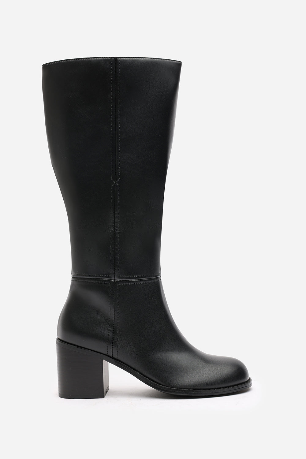 Nirexa Black Round Toe Block Heeled Knee High Boots