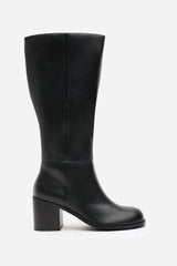 Nirexa Black Round Toe Block Heeled Knee High Boots