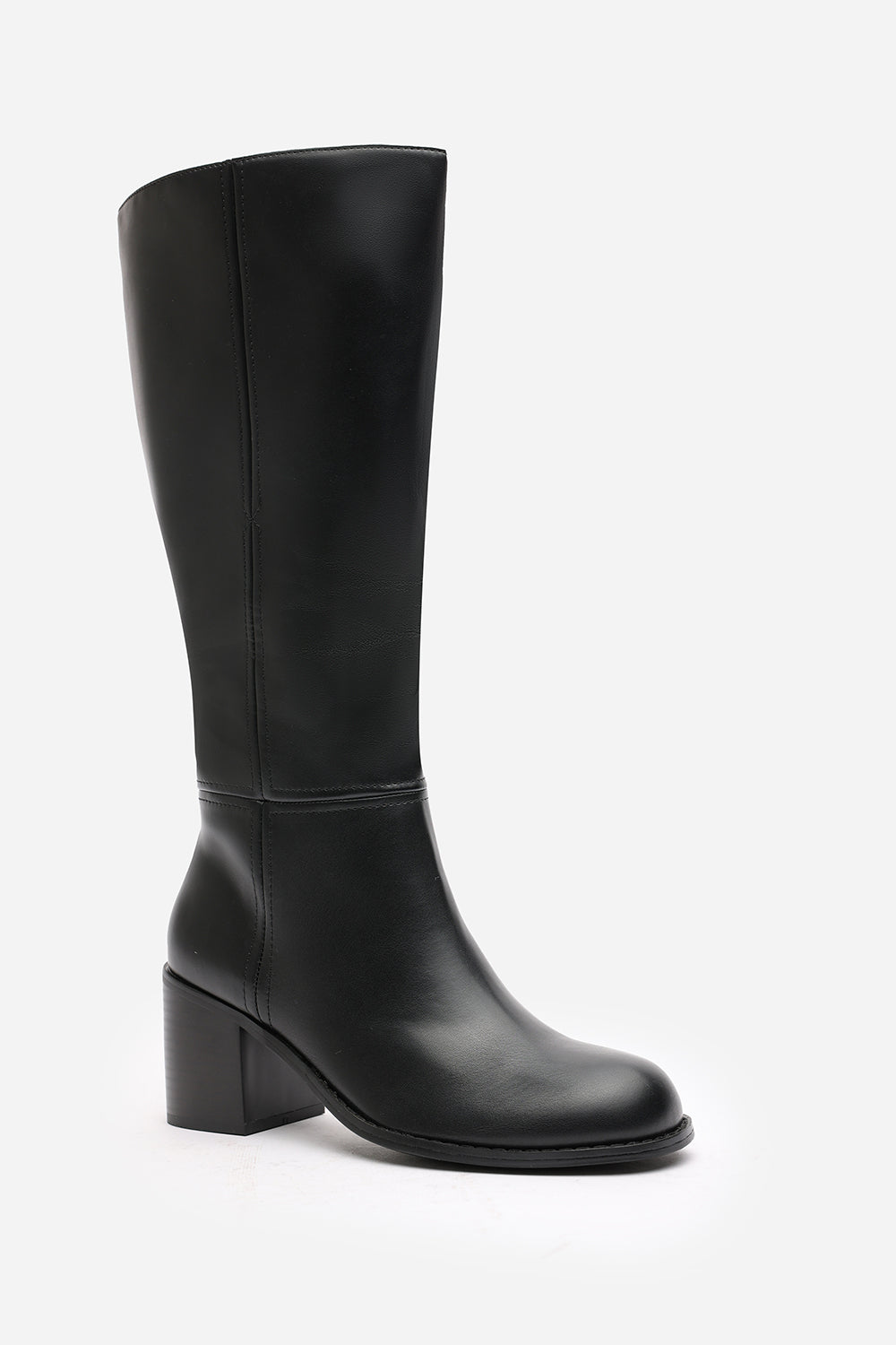 Colette Wide Fit Black Faux Leather Knee High Block Heel Boot