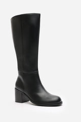 Colette Wide Fit Black Faux Leather Knee High Block Heel Boot