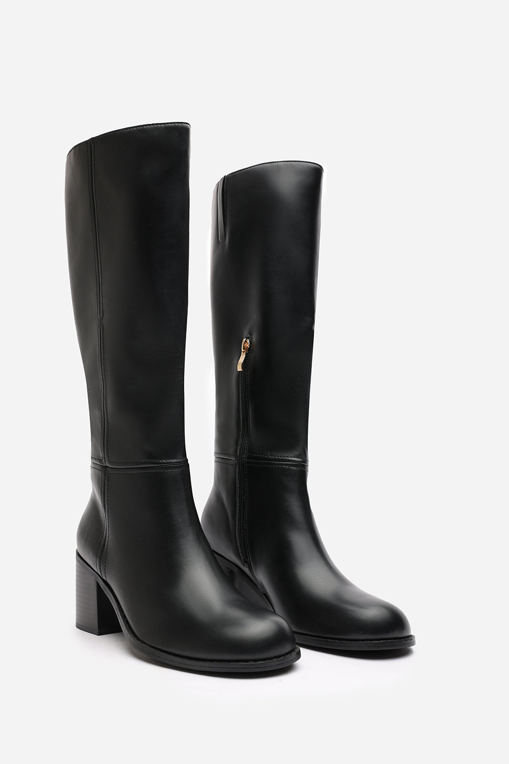 Colette Wide Fit Black Faux Leather Knee High Block Heel Boot