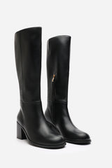 Colette Wide Fit Black Faux Leather Knee High Block Heel Boot
