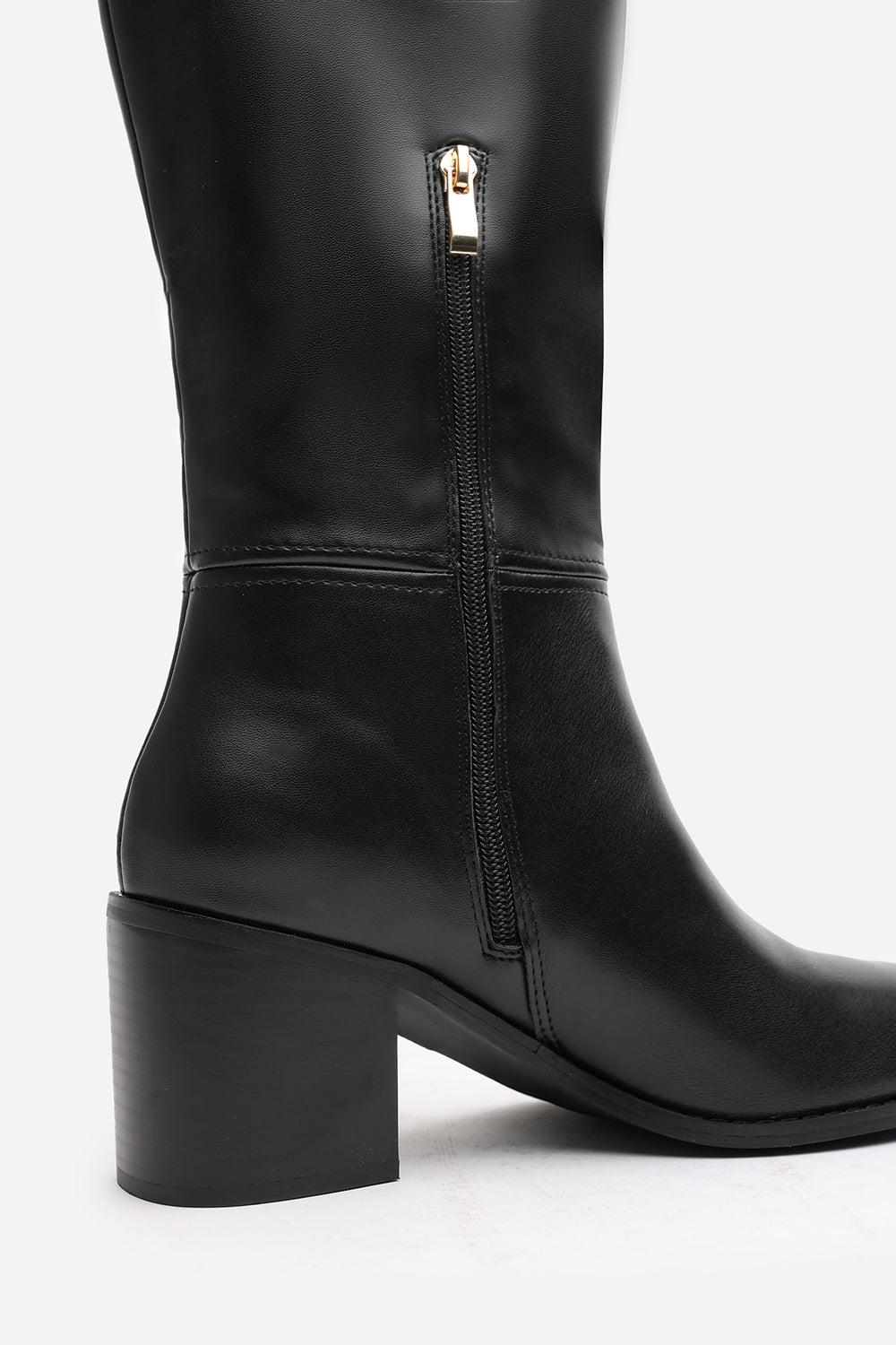 Colette Wide Fit Black Faux Leather Knee High Block Heel Boot