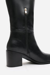 Colette Wide Fit Black Faux Leather Knee High Block Heel Boot