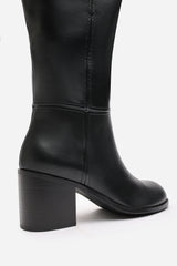 Nirexa Black Round Toe Block Heeled Knee High Boots