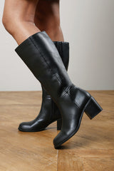 Nirexa Black Round Toe Block Heeled Knee High Boots