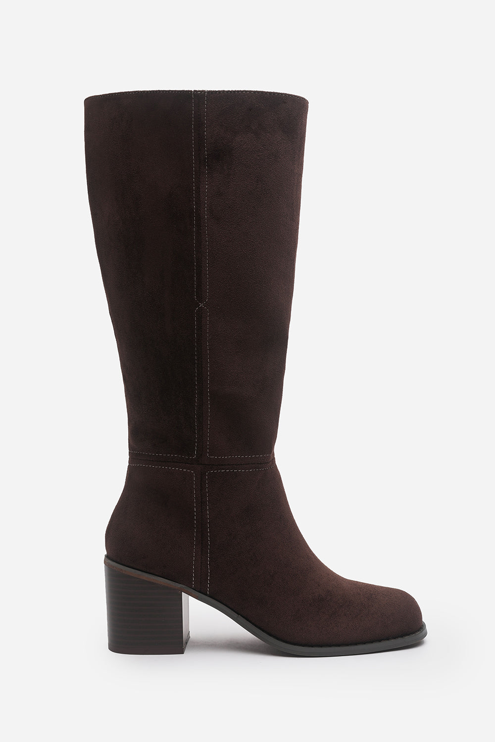 Nirexa Dark Brown Round Toe Block Heeled Knee High Boots