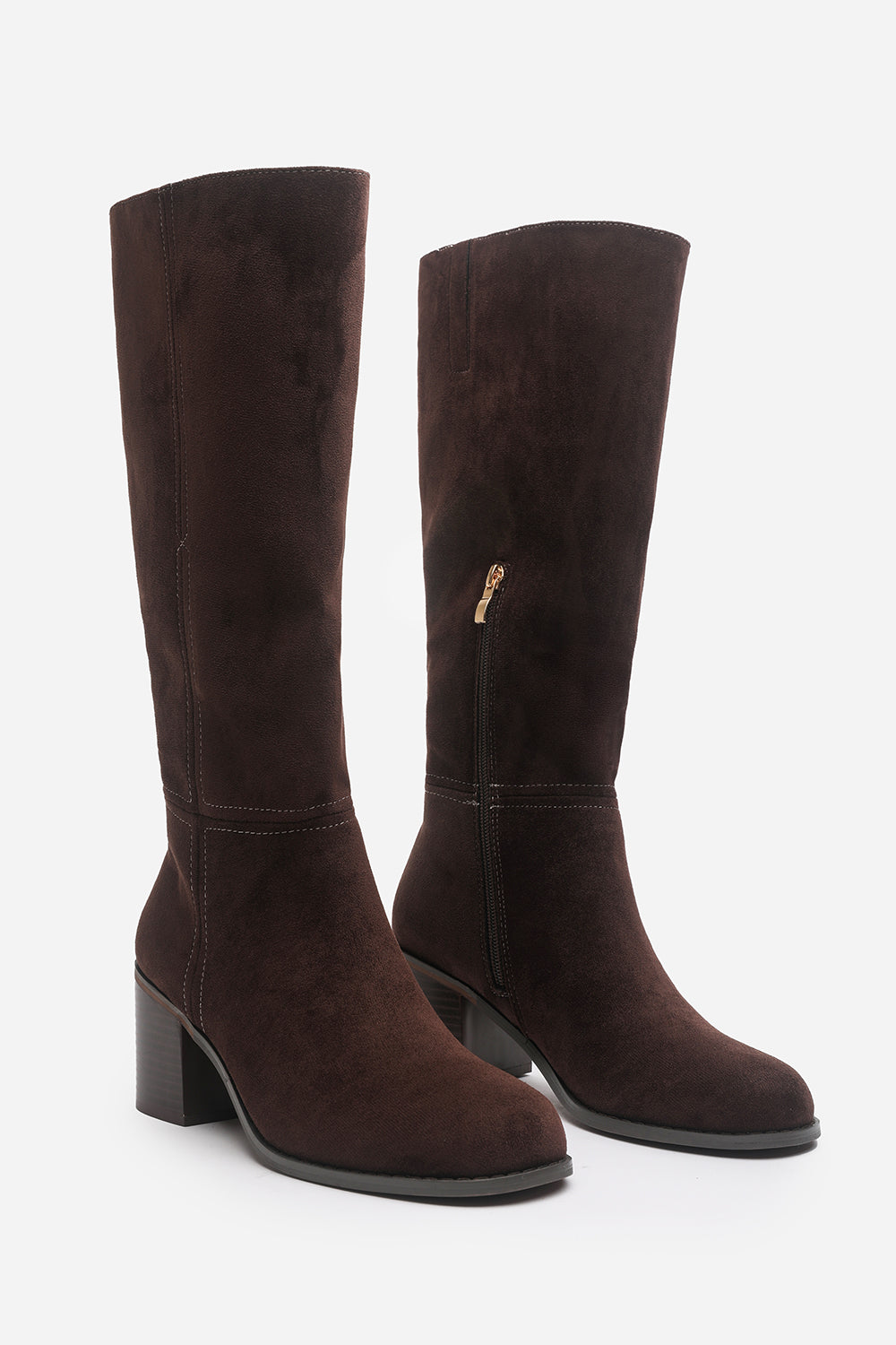 Nirexa Dark Brown Round Toe Block Heeled Knee High Boots