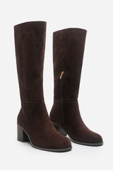 Nirexa Dark Brown Round Toe Block Heeled Knee High Boots