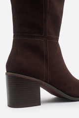 Nirexa Dark Brown Round Toe Block Heeled Knee High Boots