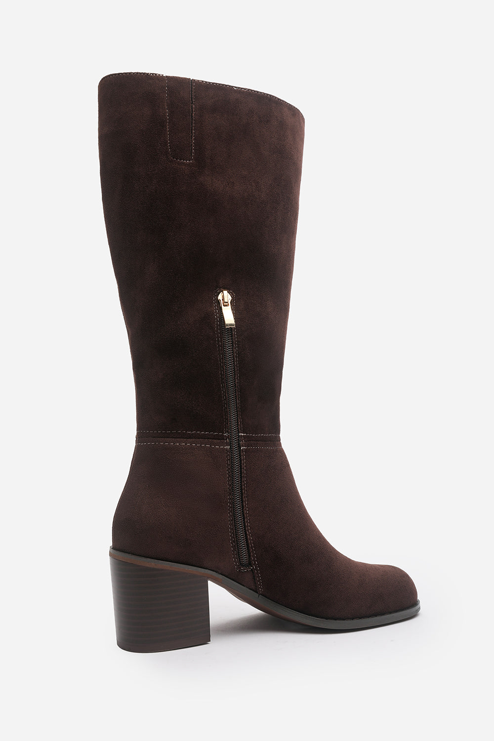 Nirexa Dark Brown Round Toe Block Heeled Knee High Boots