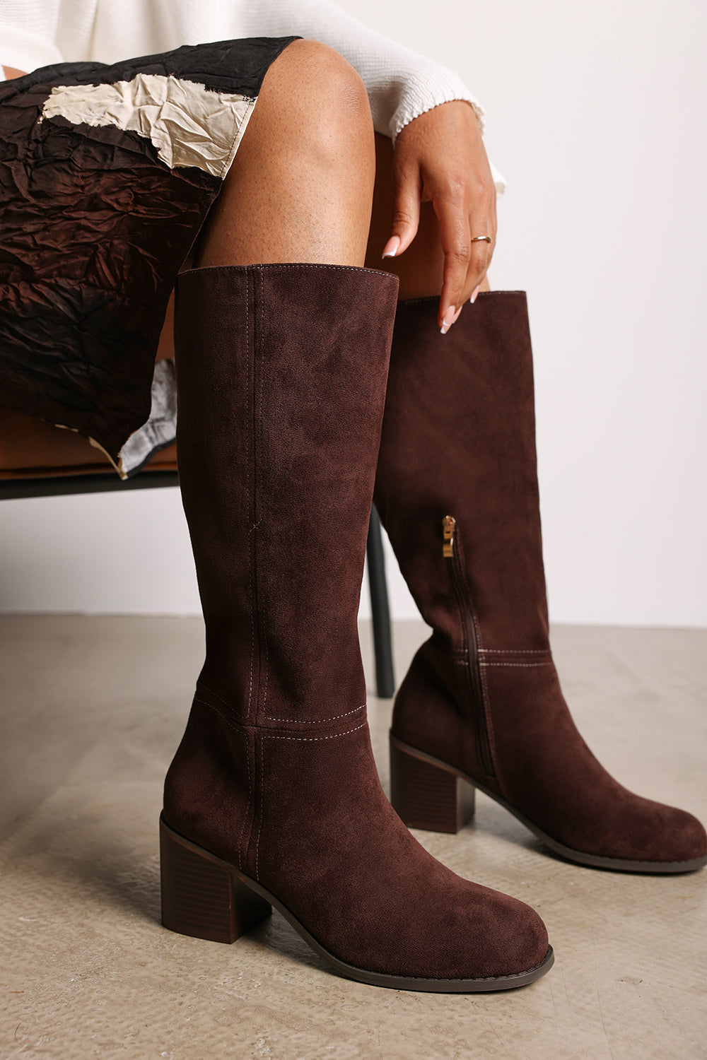 Matilda Brown Suede Knee High Block Heel Boot