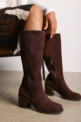 Matilda Brown Suede Knee High Block Heel Boot