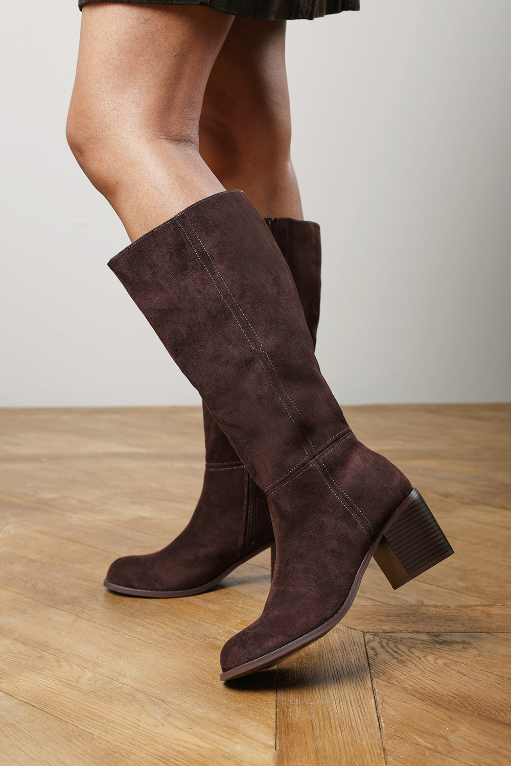 Nirexa Dark Brown Round Toe Block Heeled Knee High Boots
