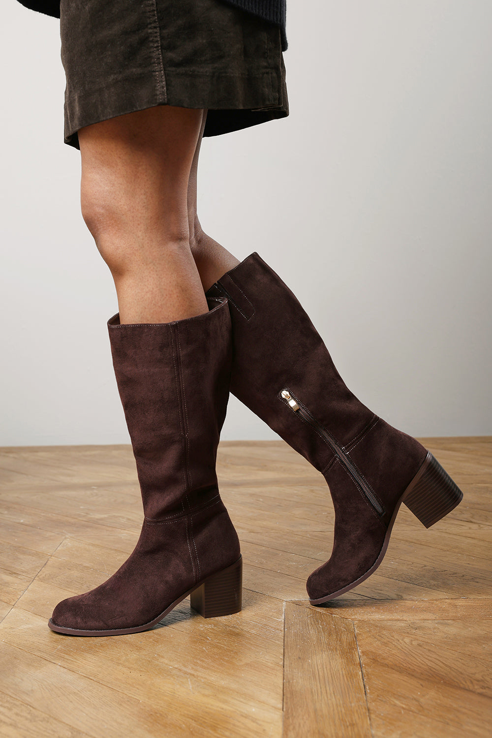 Nirexa Dark Brown Round Toe Block Heeled Knee High Boots