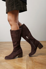 Nirexa Dark Brown Round Toe Block Heeled Knee High Boots