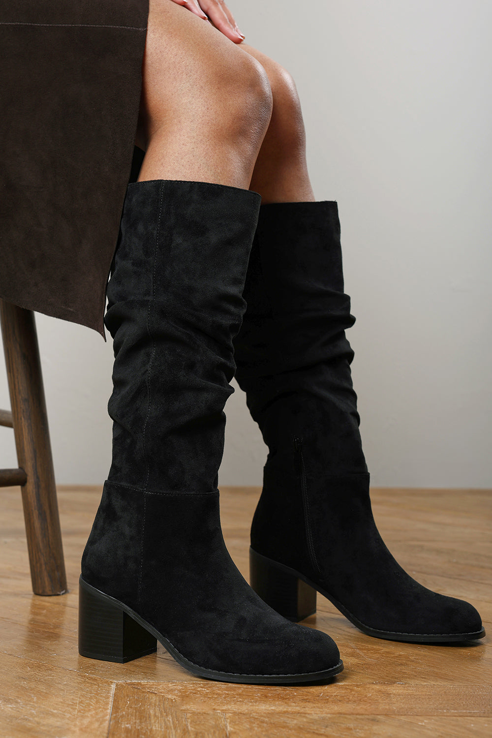 Kalenae Black Faux Suede Ruched Block Knee High Boot