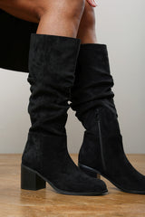 Kalenae Black Faux Suede Ruched Block Knee High Boot