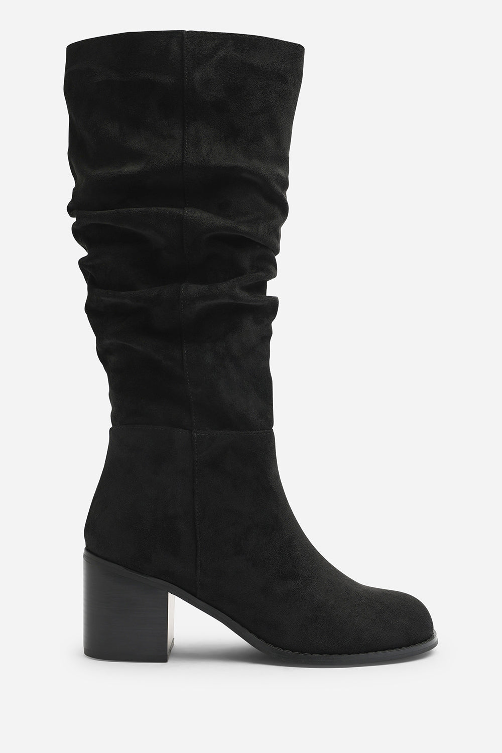 Kalenae Black Faux Suede Ruched Block Knee High Boot