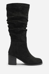 Kalenae Black Faux Suede Ruched Block Knee High Boot