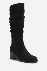 Kalenae Black Faux Suede Ruched Block Knee High Boot