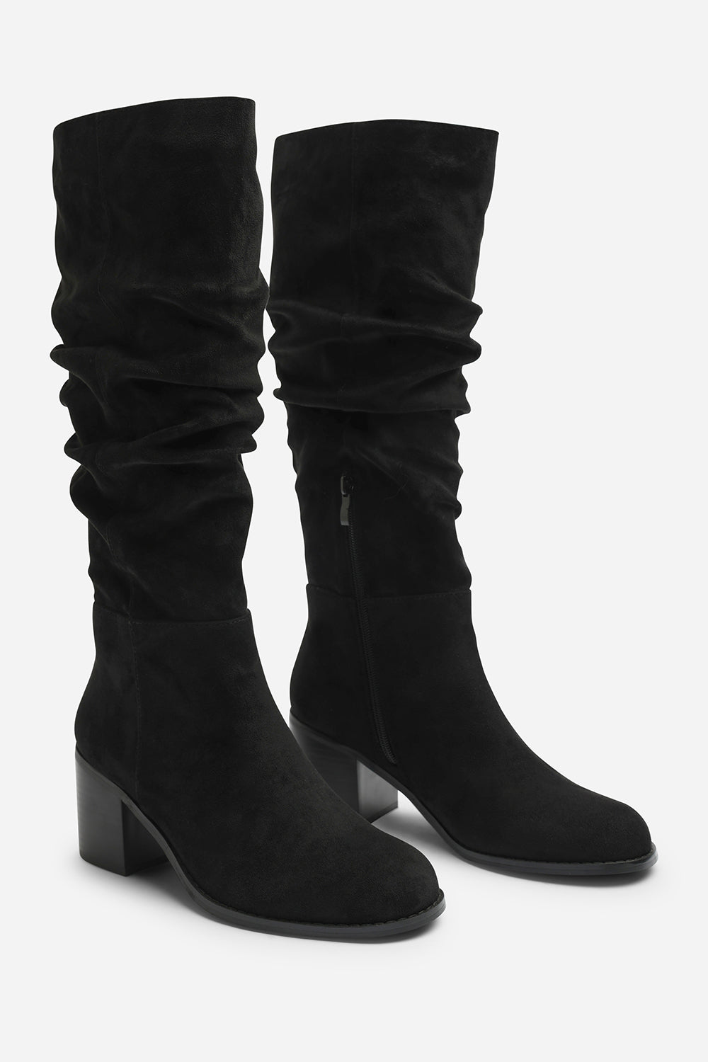 Kalenae Black Faux Suede Ruched Block Knee High Boot