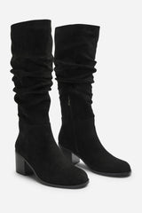Kalenae Black Faux Suede Ruched Block Knee High Boot