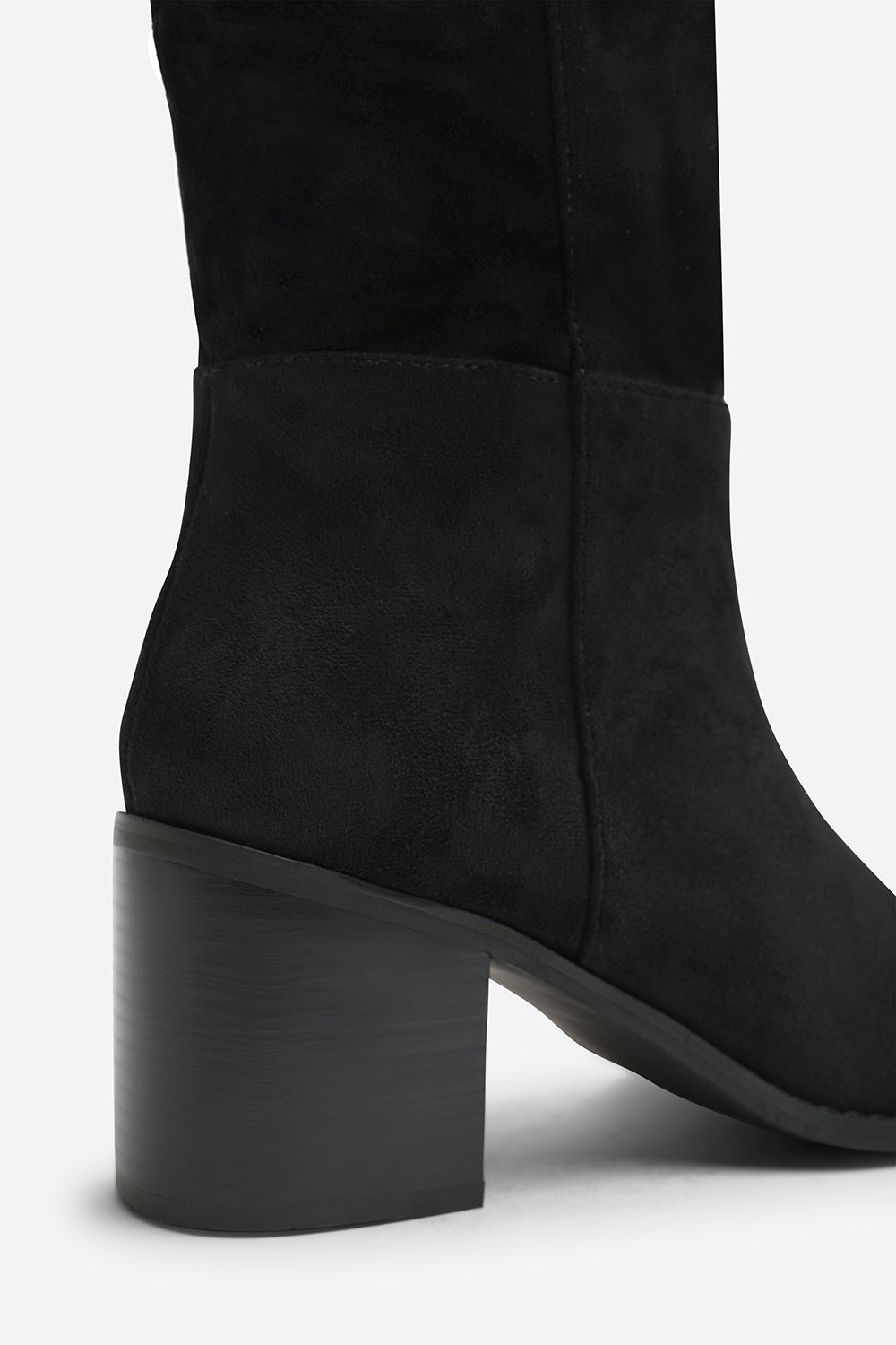 Kalenae Black Faux Suede Ruched Block Knee High Boot