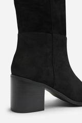 Kalenae Black Faux Suede Ruched Block Knee High Boot