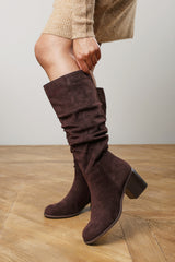 Kalenae Dark Brown Faux Suede Ruched Block Knee High Boot