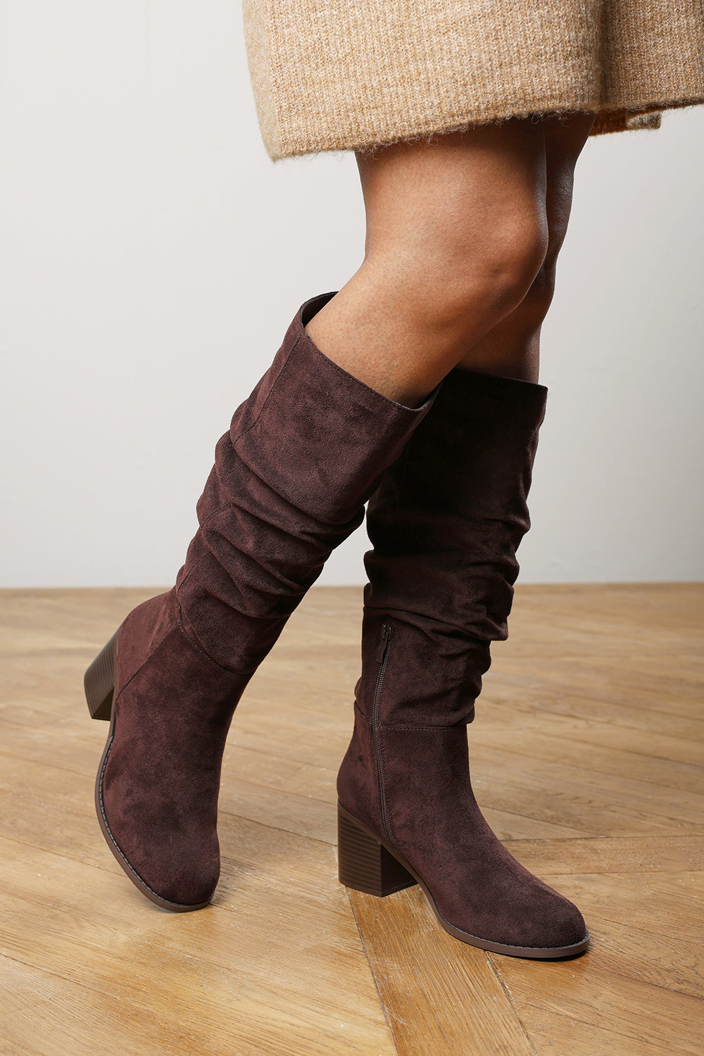 Kalenae Dark Brown Faux Suede Ruched Block Knee High Boot
