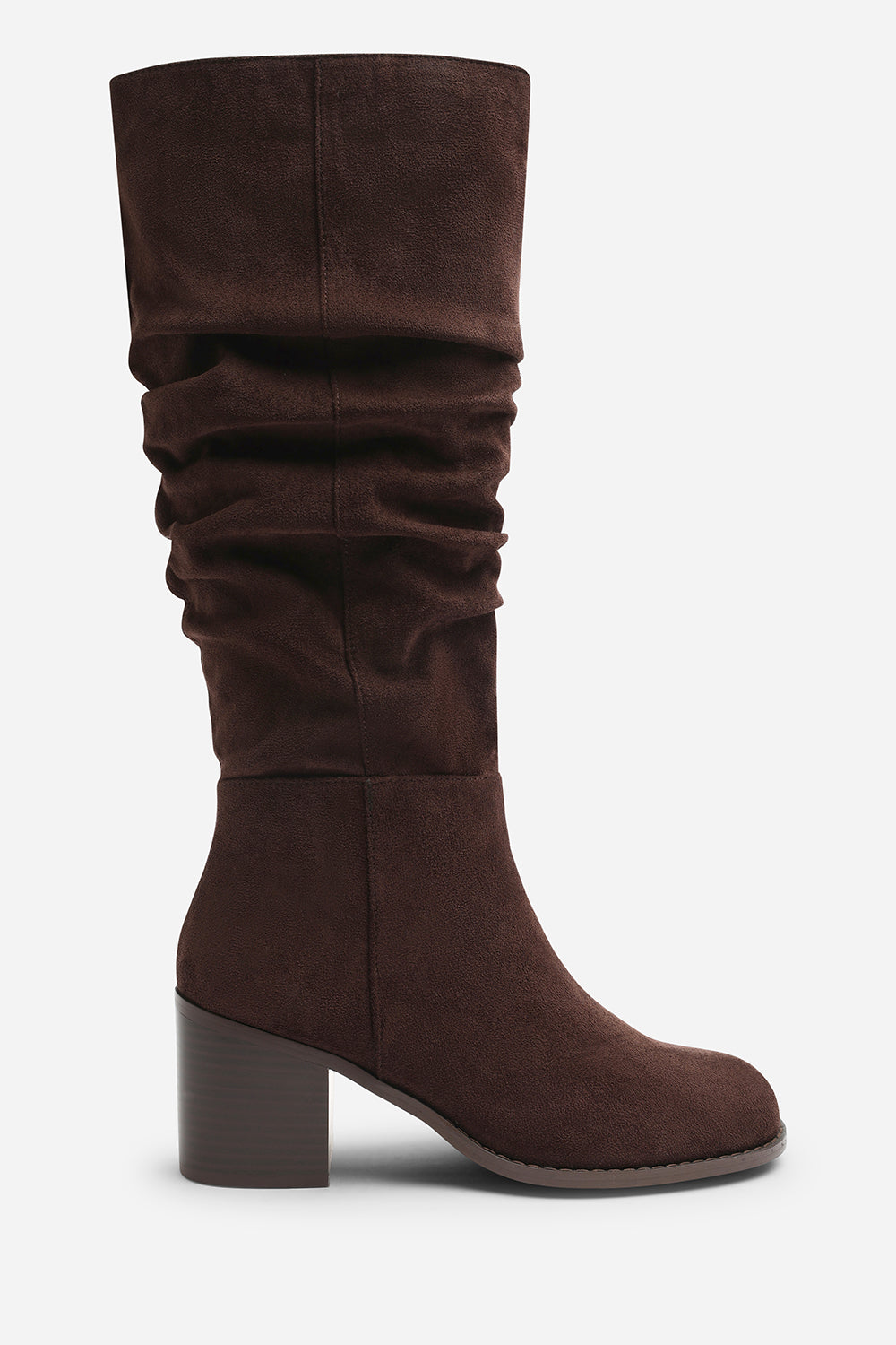 Kalenae Dark Brown Faux Suede Ruched Block Knee High Boot