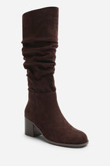 Kalenae Dark Brown Faux Suede Ruched Block Knee High Boot