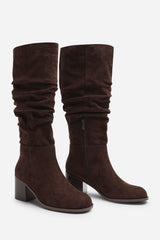 Kalenae Dark Brown Faux Suede Ruched Block Knee High Boot