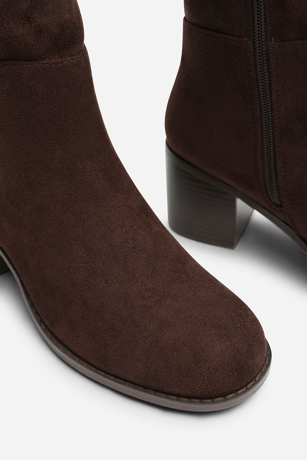 Kalenae Dark Brown Faux Suede Ruched Block Knee High Boot