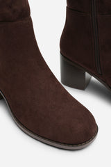 Kalenae Dark Brown Faux Suede Ruched Block Knee High Boot