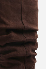 Kalenae Dark Brown Faux Suede Ruched Block Knee High Boot