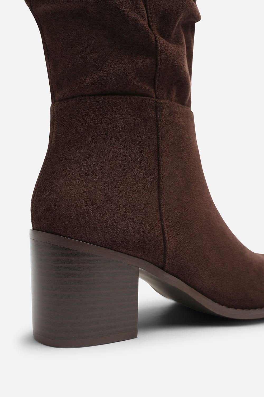 Kalenae Dark Brown Faux Suede Ruched Block Knee High Boot