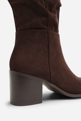 Kalenae Dark Brown Faux Suede Ruched Block Knee High Boot