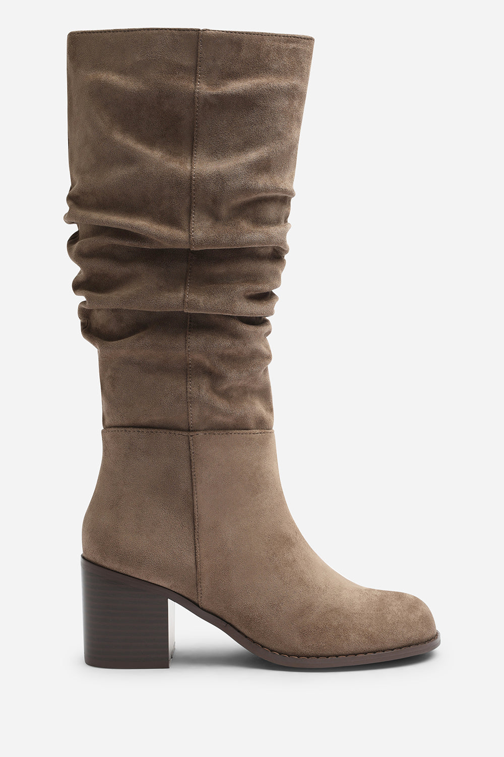 Kalenae Taupe Faux Suede Ruched Block Knee High Boot