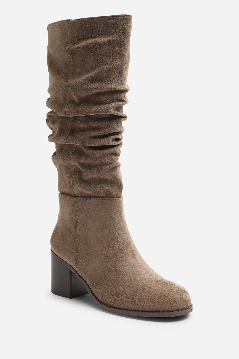 Kalenae Taupe Faux Suede Ruched Block Knee High Boot