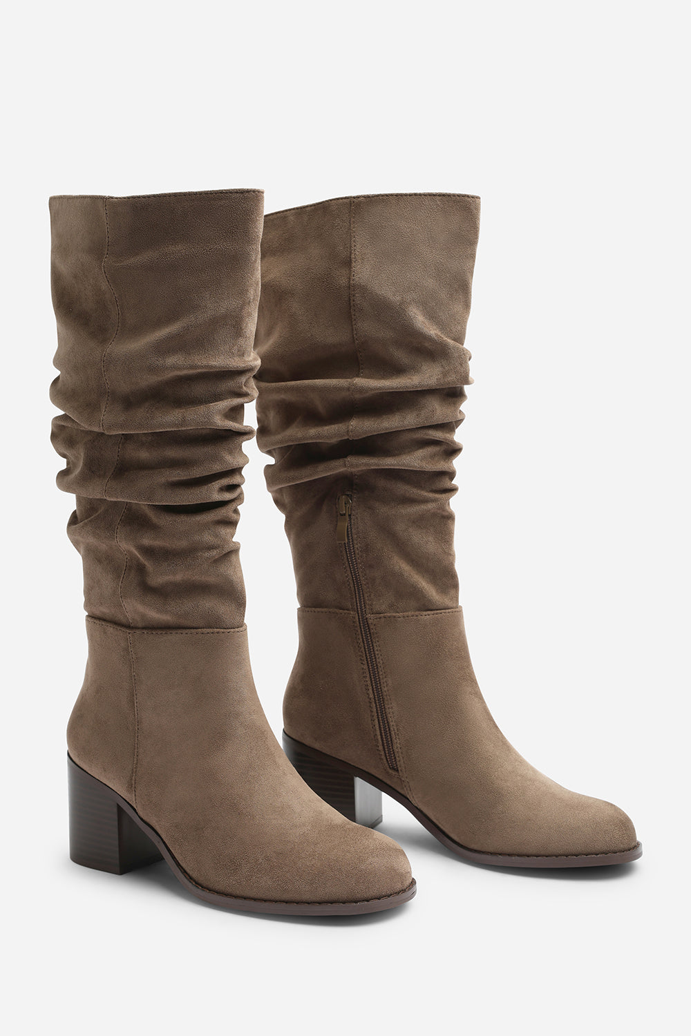 Kalenae Taupe Faux Suede Ruched Block Knee High Boot