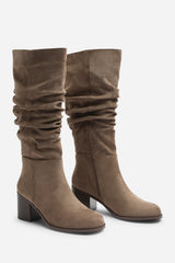 Kalenae Taupe Faux Suede Ruched Block Knee High Boot