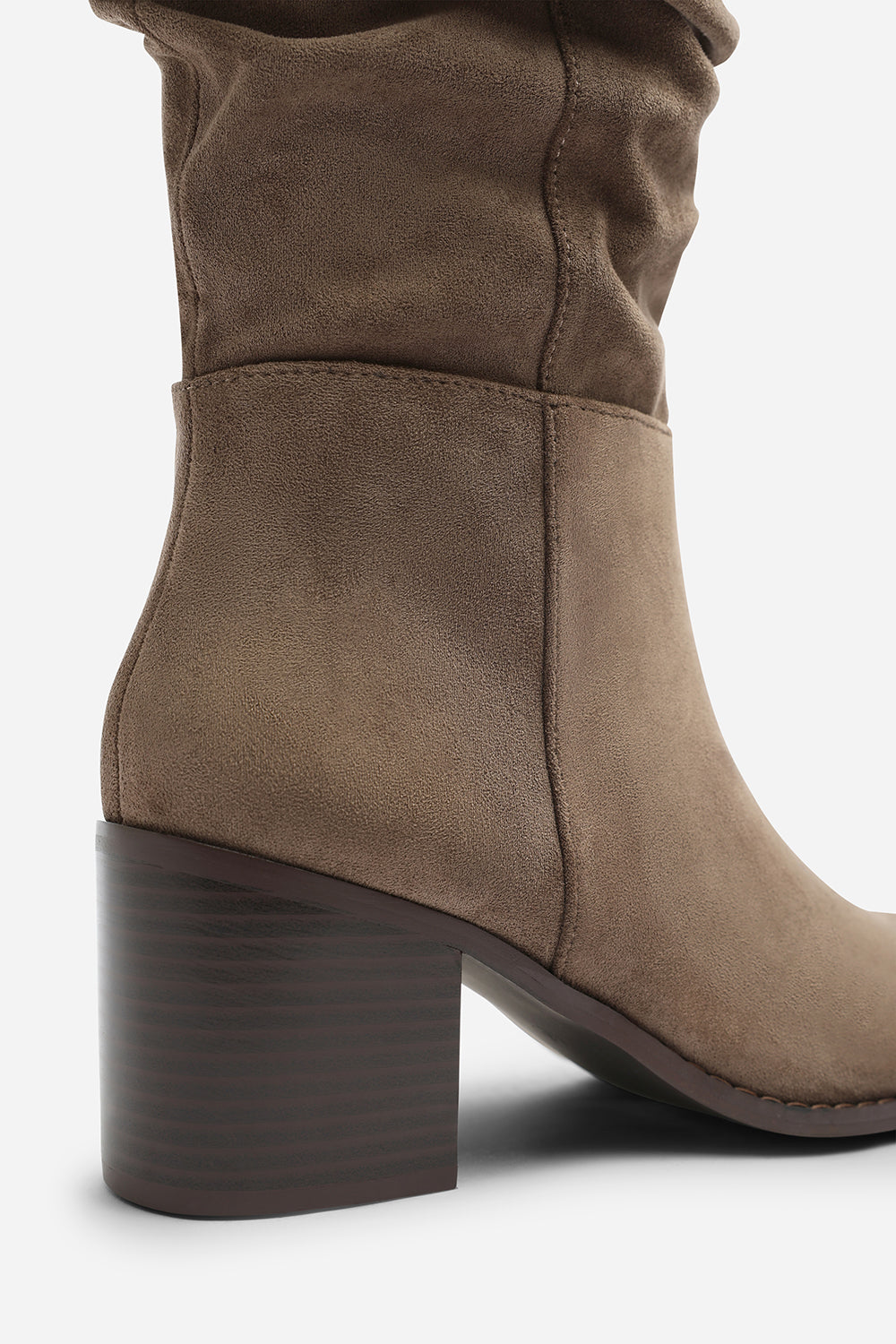 Kalenae Taupe Faux Suede Ruched Block Knee High Boot