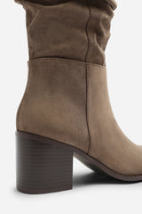 Kalenae Taupe Faux Suede Ruched Block Knee High Boot