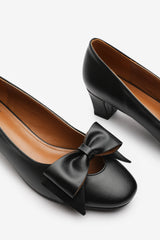 Georgia Mid Heel Court Shoes With Bow Detail In Black Faux Leather