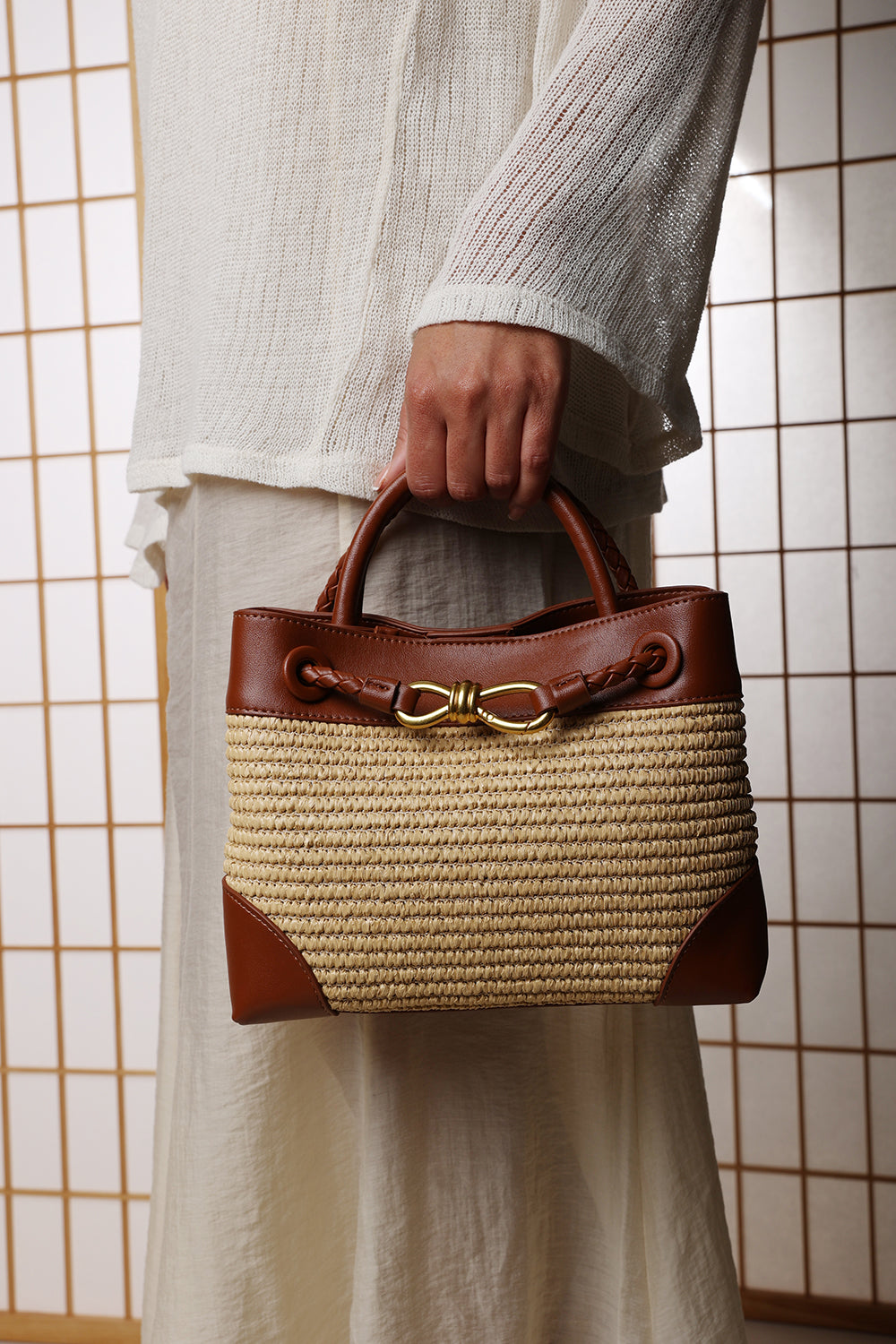 Luna Woven Leather Tote bag with Gold Detail in Tan Raffia