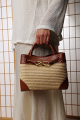 Luna Woven Leather Tote bag with Gold Detail in Tan Raffia