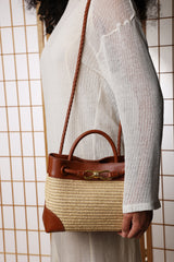 Luna Woven Leather Tote bag with Gold Detail in Tan Raffia